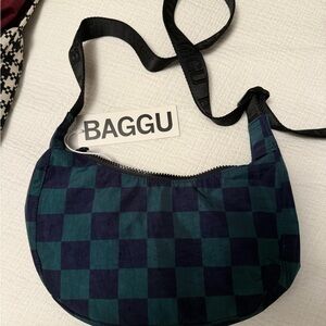 Baggu Navy Green Check Small Crescent